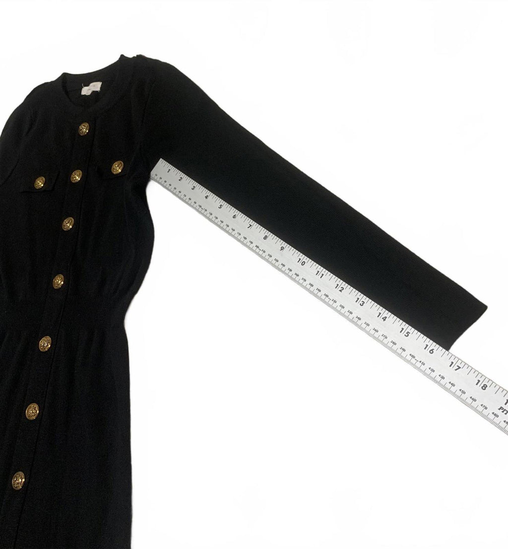 Vestido elástico negro de manga larga con botones delanteros de Moocci Paris, talla S/M para mujer