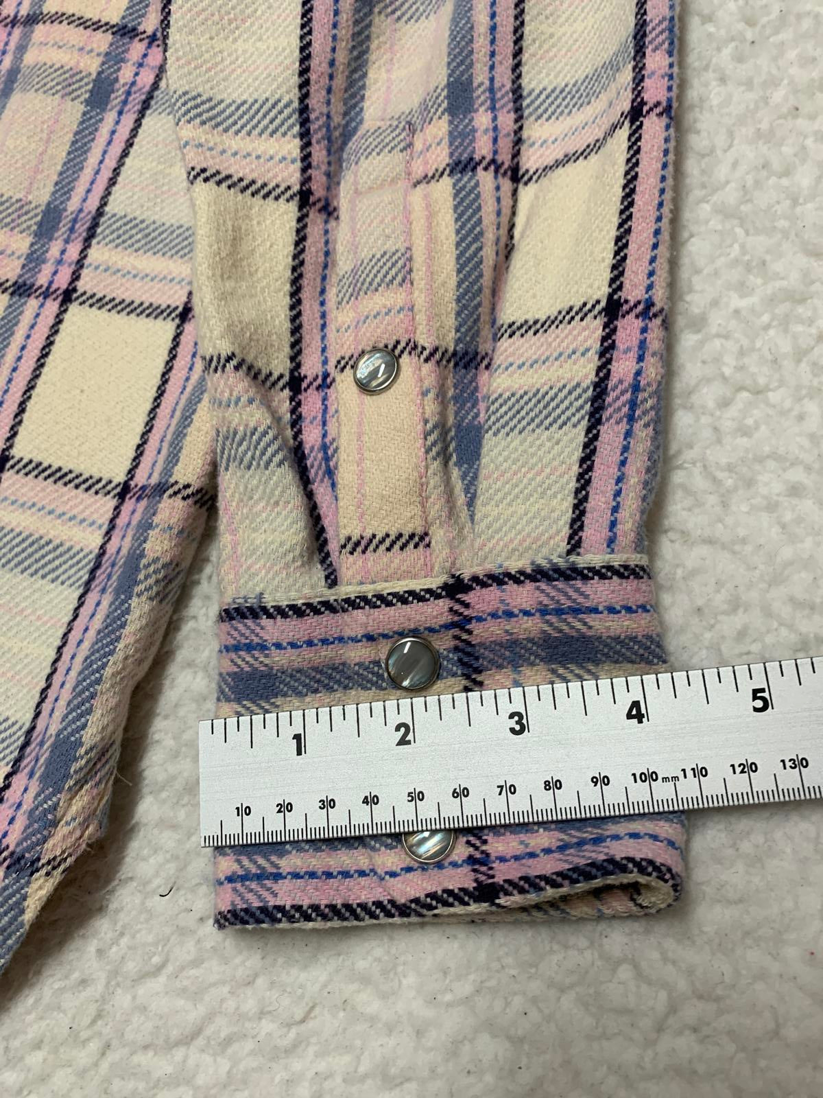 Camisa de franela para mujer J. Crew, talla 4, color lavanda, cuadros pastel, algodón con broches de perlas