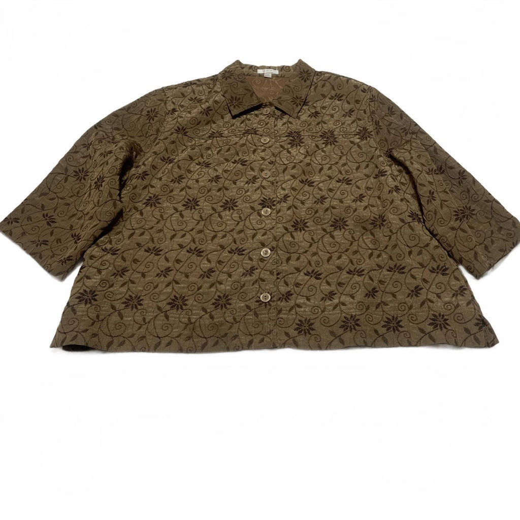 Blusa de jacquard floral metalizada para mujer, talla 2X, color marrón, manga 3/4, de Erin By Erin London