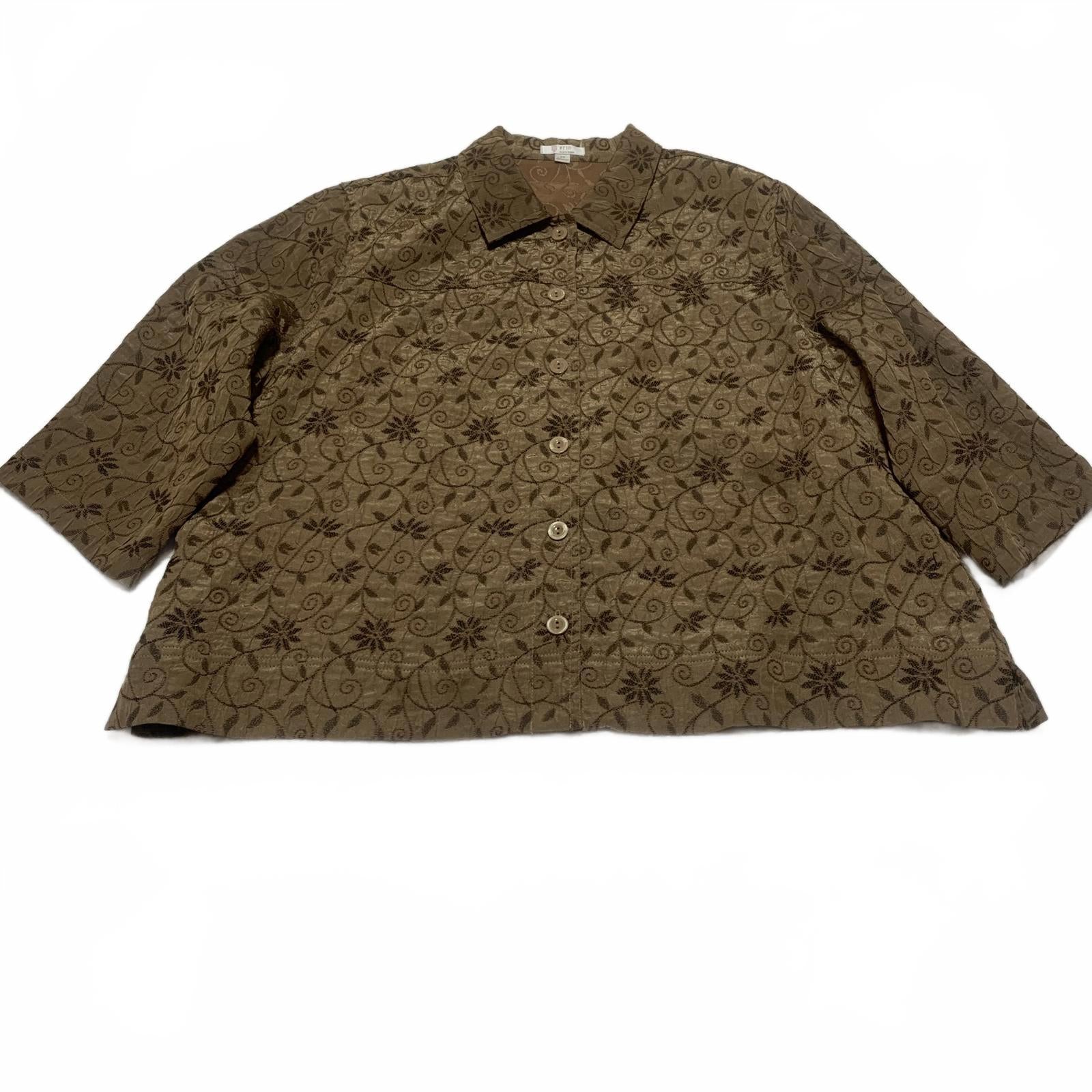 Blusa de jacquard floral metalizada para mujer, talla 2X, color marrón, manga 3/4, de Erin By Erin London