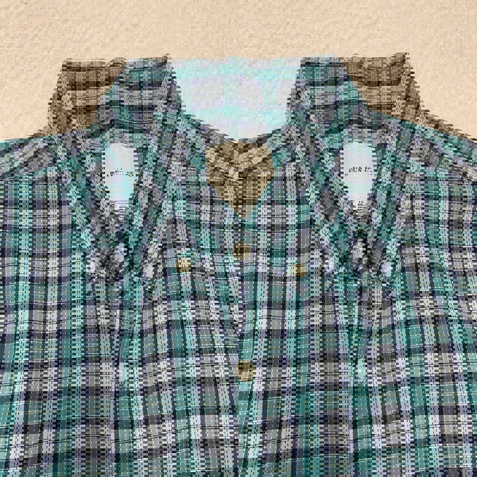 Camisa abotonada azul verdoso de manga larga a cuadros para mujer de American Eagle, talla grande