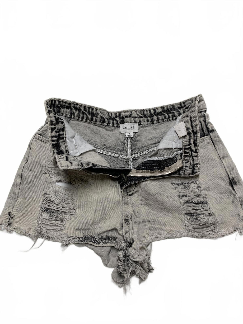 LE LIS Pantalones cortos vaqueros desgastados grises talla pequeña W25 de tiro medio con dobladillo deshilachado