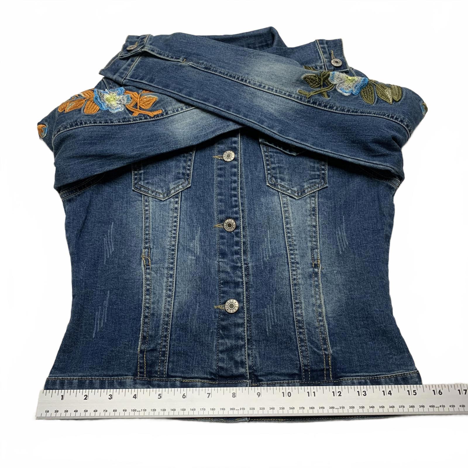 Chaqueta vaquera elegante con bordado floral para mujer, talla mediana, vaquera oscura