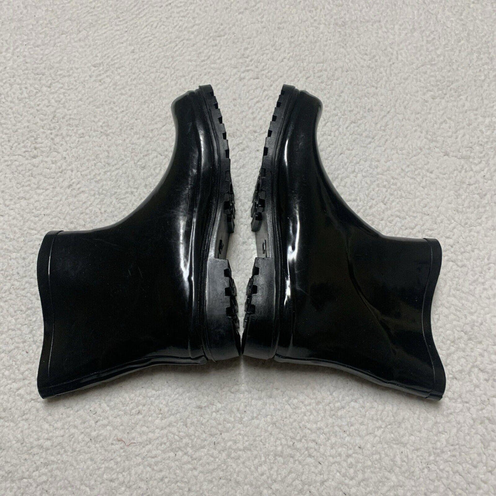 DEW Rubber Sole Rain Women's Boots Sz 11 Shiny Black Ankle Height Buckle Pull-on