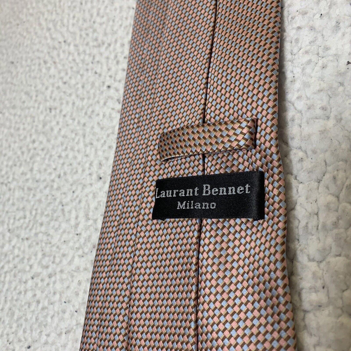 Laurant Bennet Milano Men’s Tie 58” Peach Grayish Blue Brown Square Print