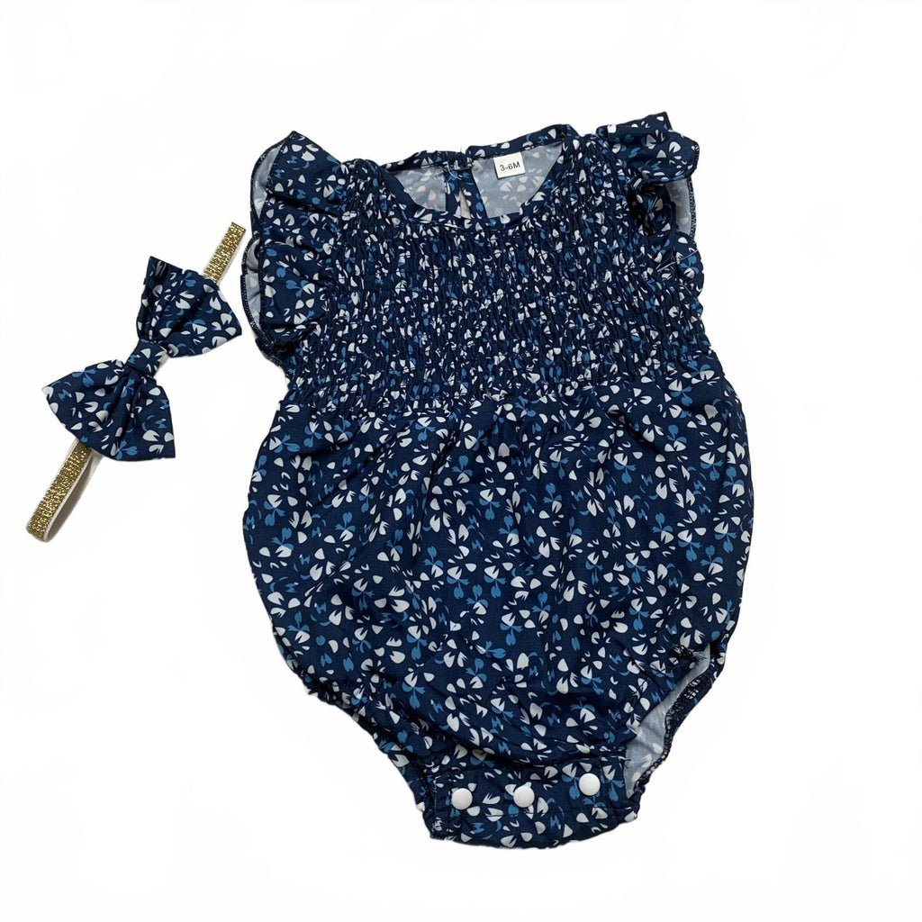 Adorable mono azul con volantes y flores para niña de 3 a 6 meses con diadema