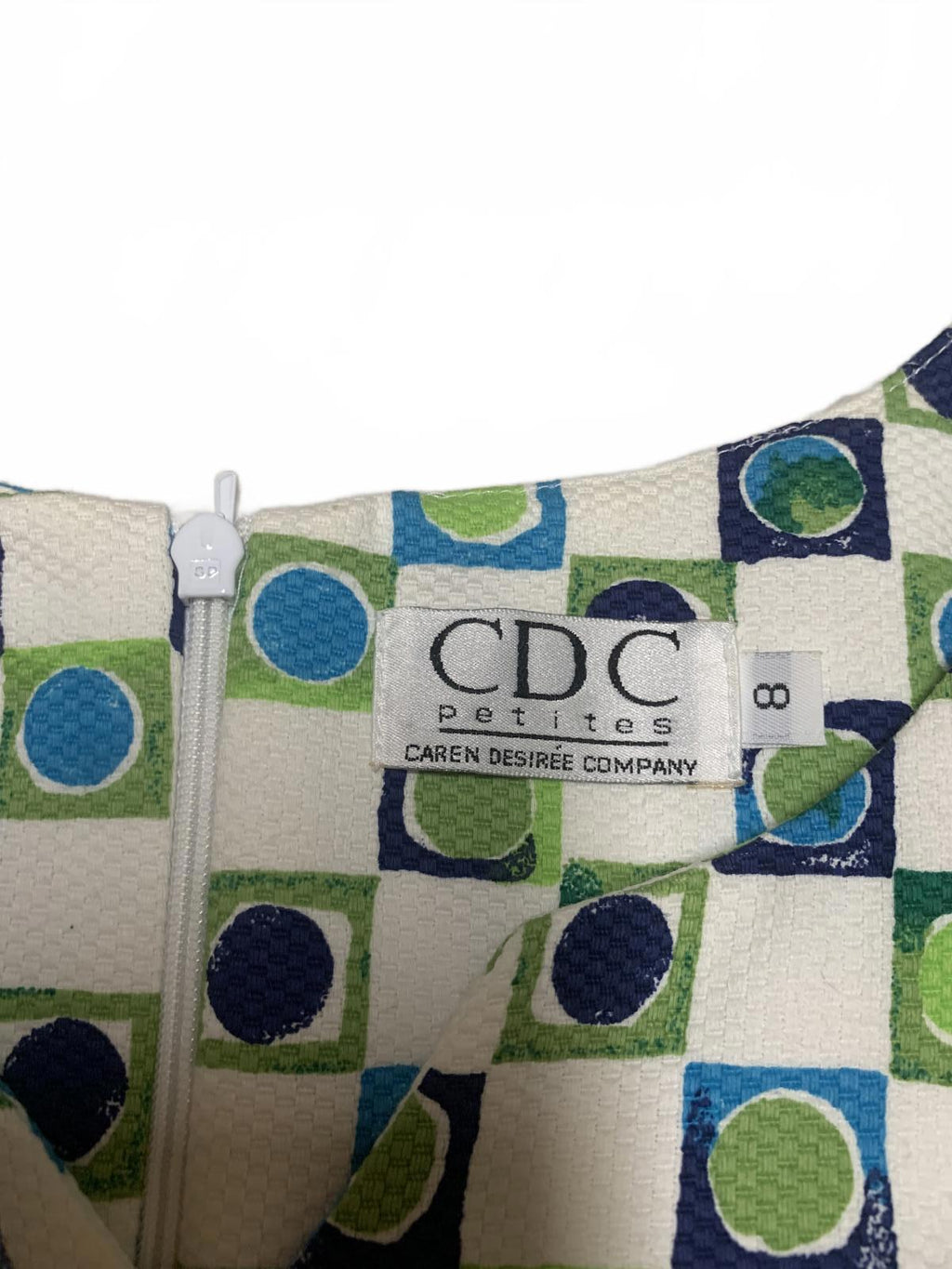 Vestido CDC Petites geométrico sin mangas, corte A, talla 8P, verano - Hecho en EE. UU.