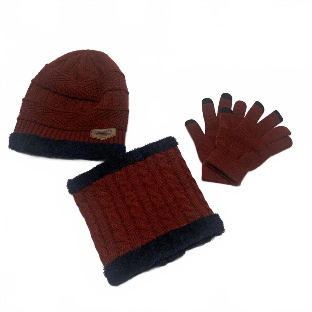 Conjunto de gorro, bufanda y guantes de punto para invierno, color burdeos y azul marino, forro de piel sintética OSFA