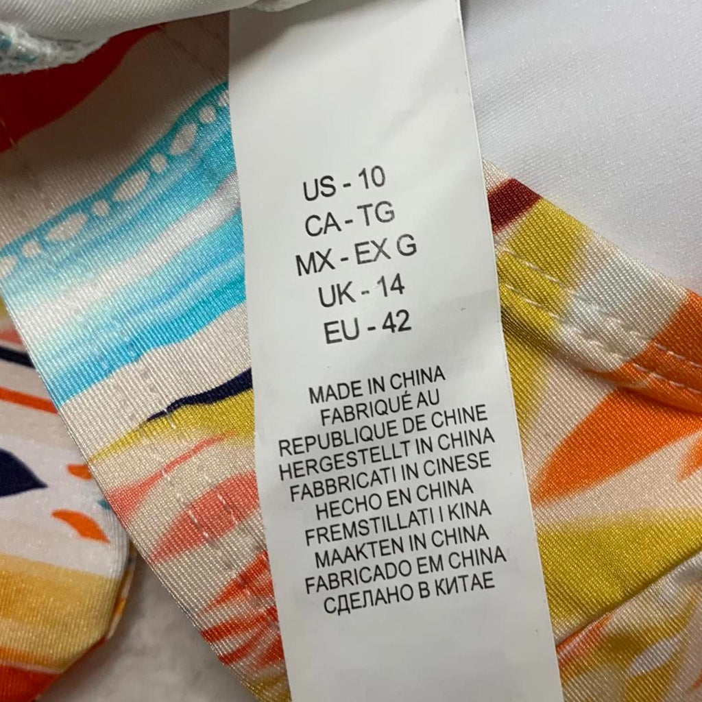 Top de bikini triangular con tirantes de cuentas y estampado colorido LA Blanca para mujer, talla 10