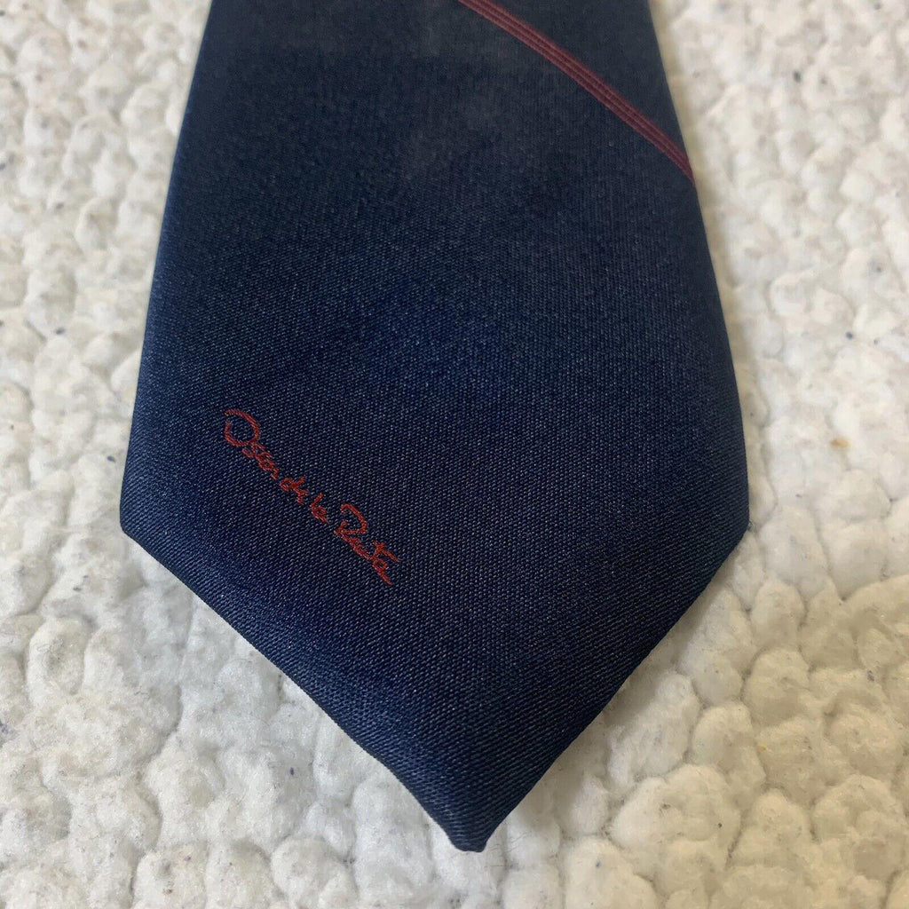 Corbata Oscar de la Renta Azul Marino Diagonal Rayas Rojas Firma