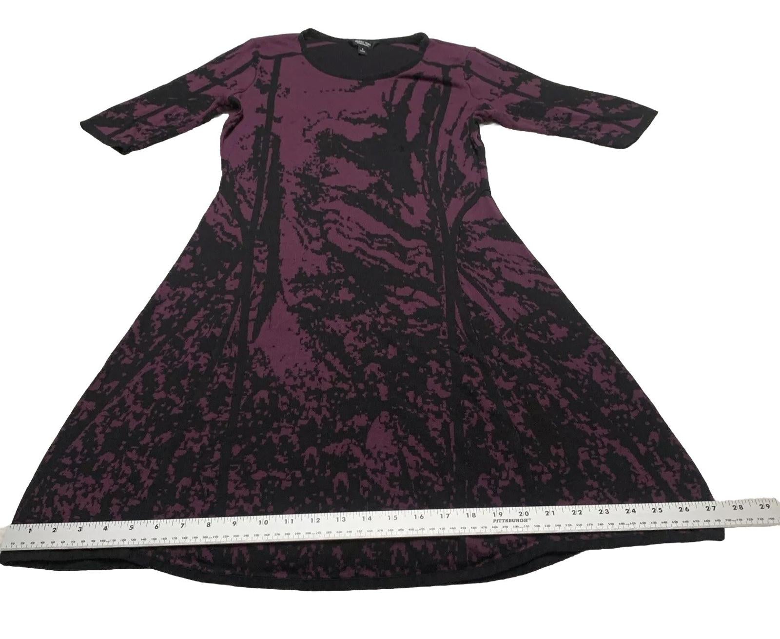 Vestido morado y negro abstracto Simply Vera Vera Wang, talla S, para mujer, con mangas 3/4 hasta la rodilla