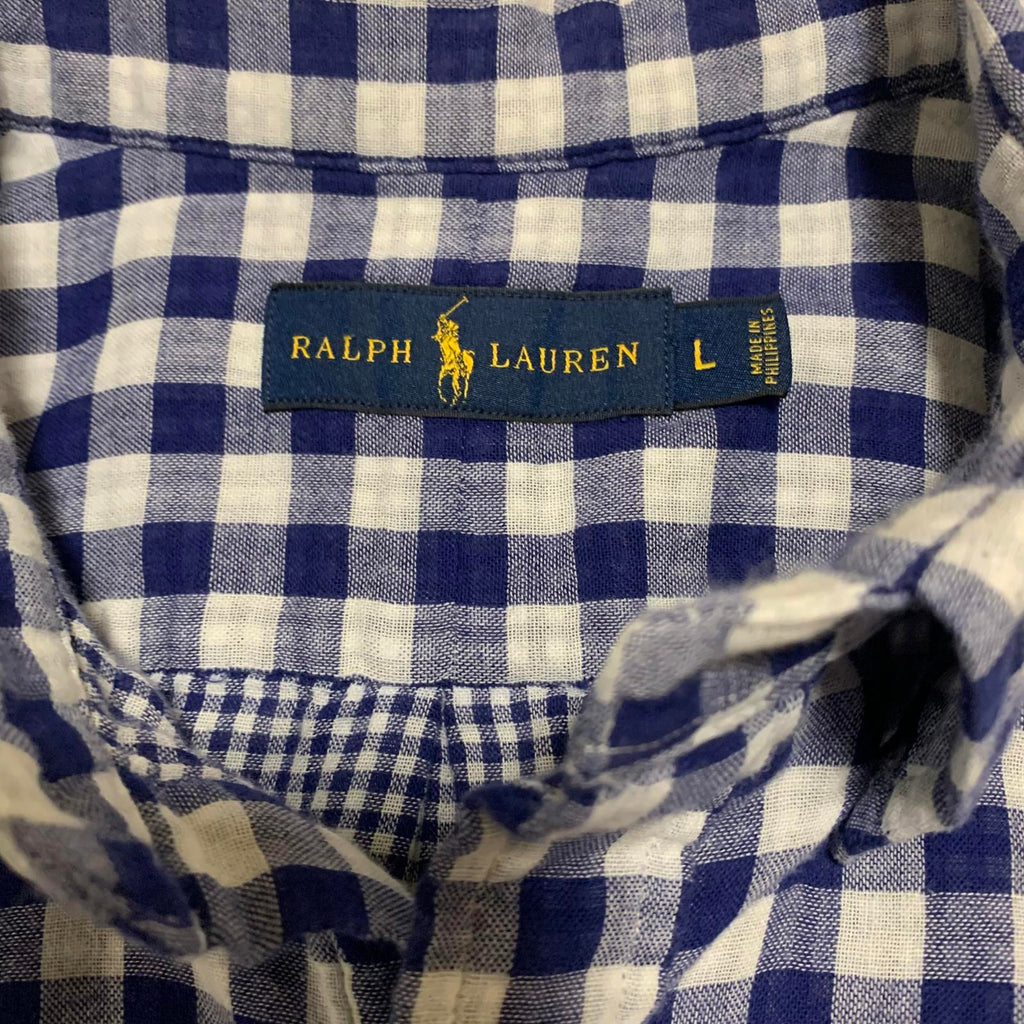 Camisa Ralph Lauren para hombre, talla L, azul, blanca, a cuadros, informal, con botones, manga larga
