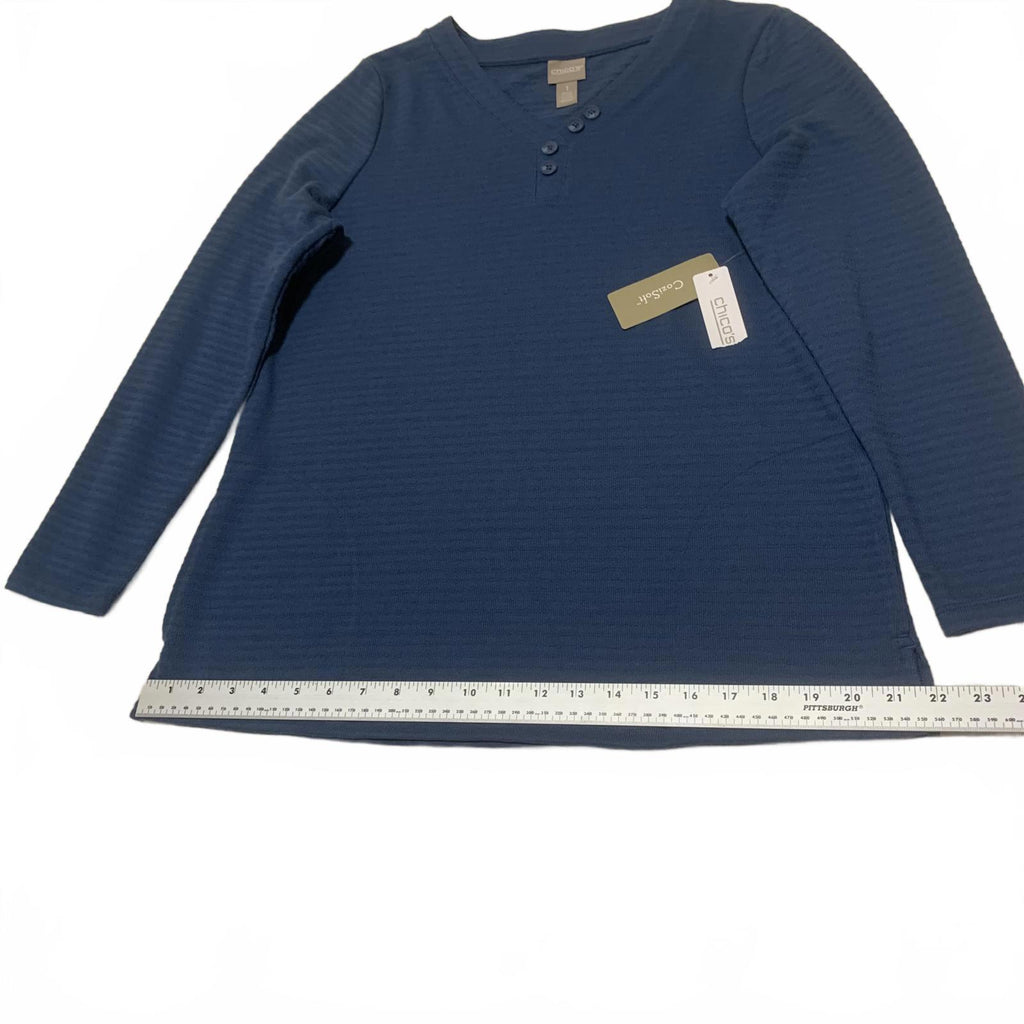 Blusa informal de manga larga azul elástica de Chico's, talla 1, para mujer