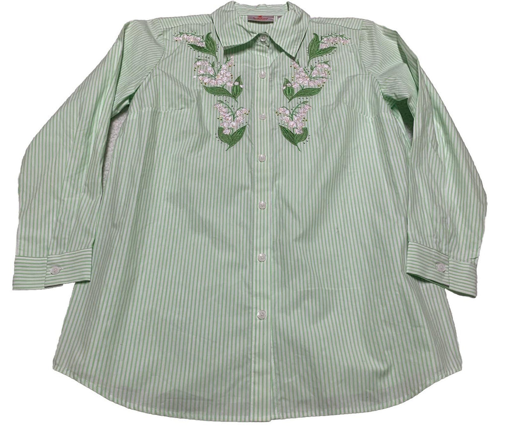 Camisa de botones a rayas verdes con bordado floral para mujer, talla S de Quacker Factory