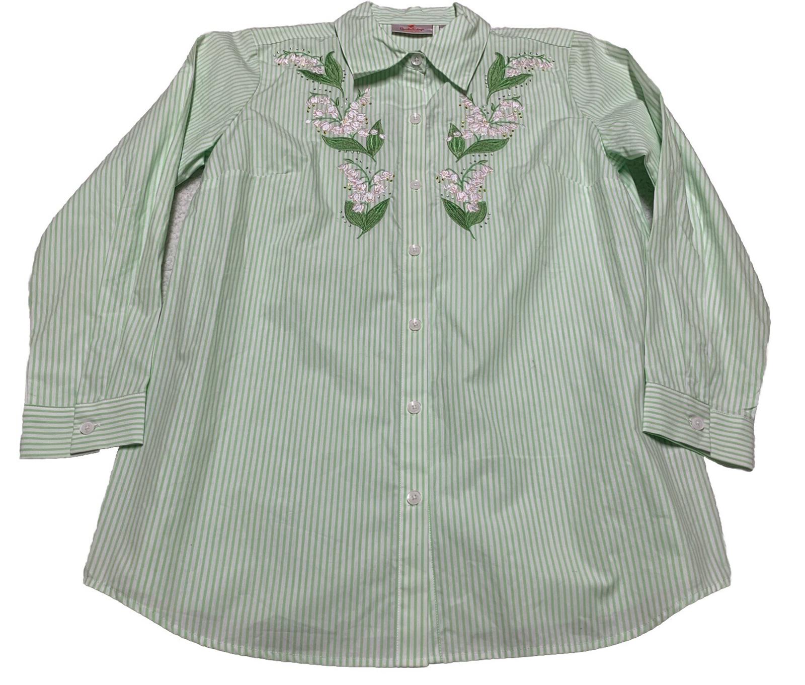 Camisa de botones a rayas verdes con bordado floral para mujer, talla S de Quacker Factory