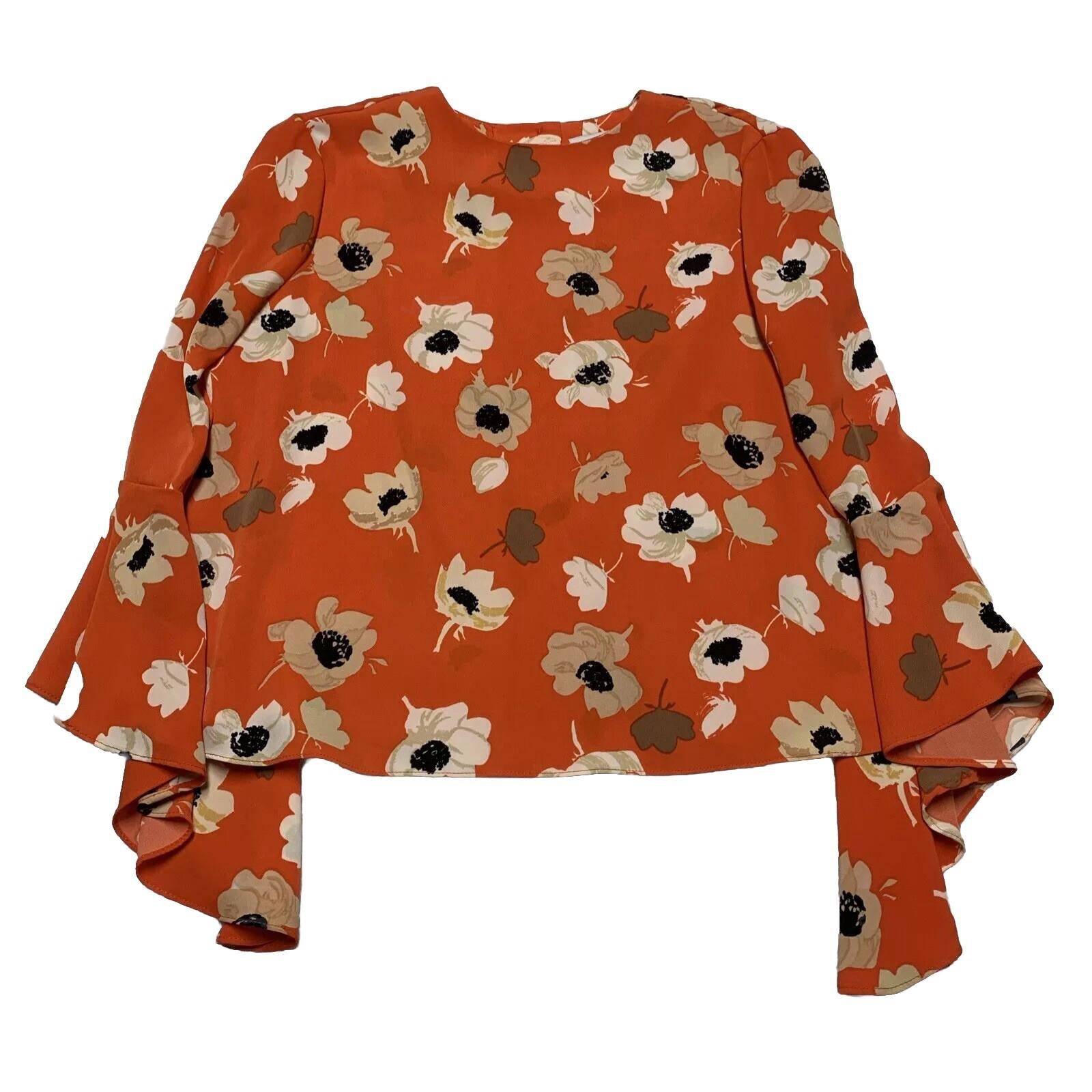 Blusa con mangas acampanadas y estampado floral naranja de Carmen Marc Valvo para mujer, talla 8