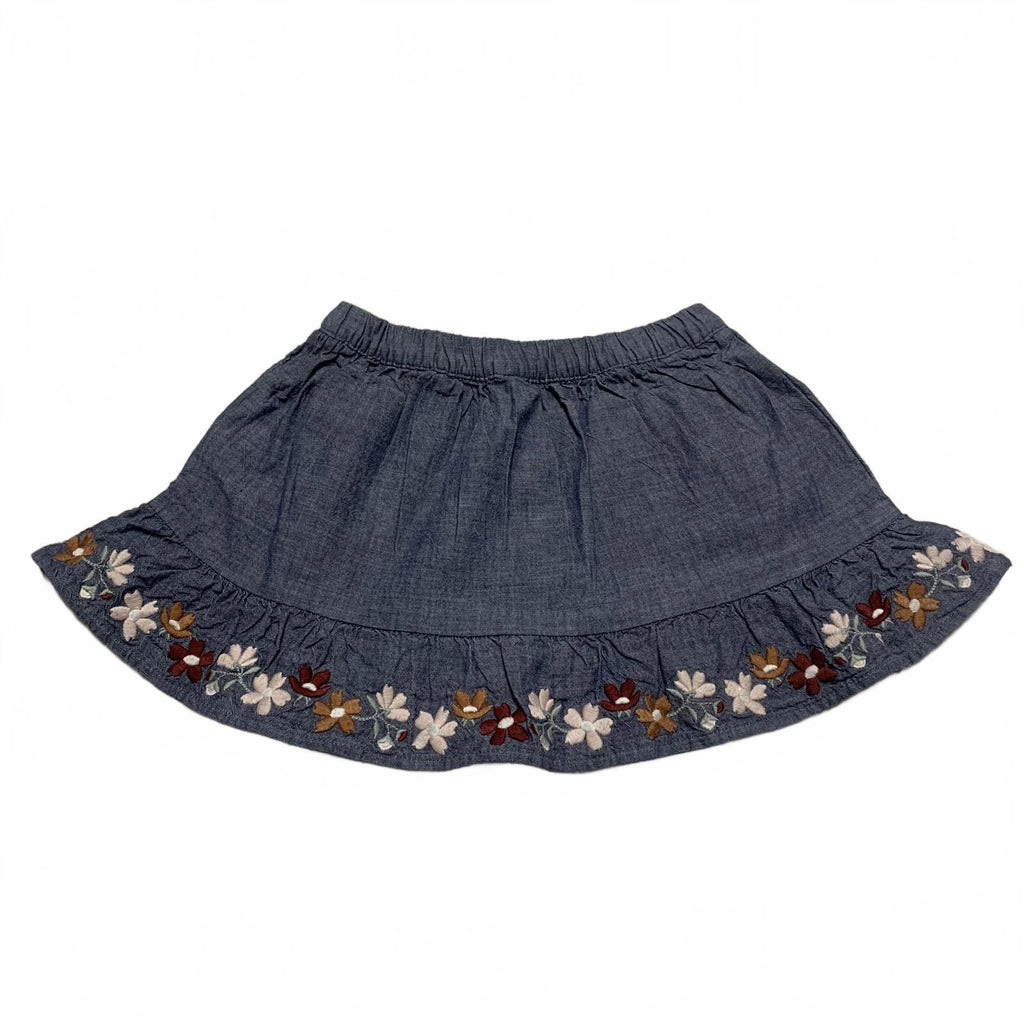 Falda vaquera azul con bordado floral y pantalones cortos rosas para niñas Gymboree talla 3T