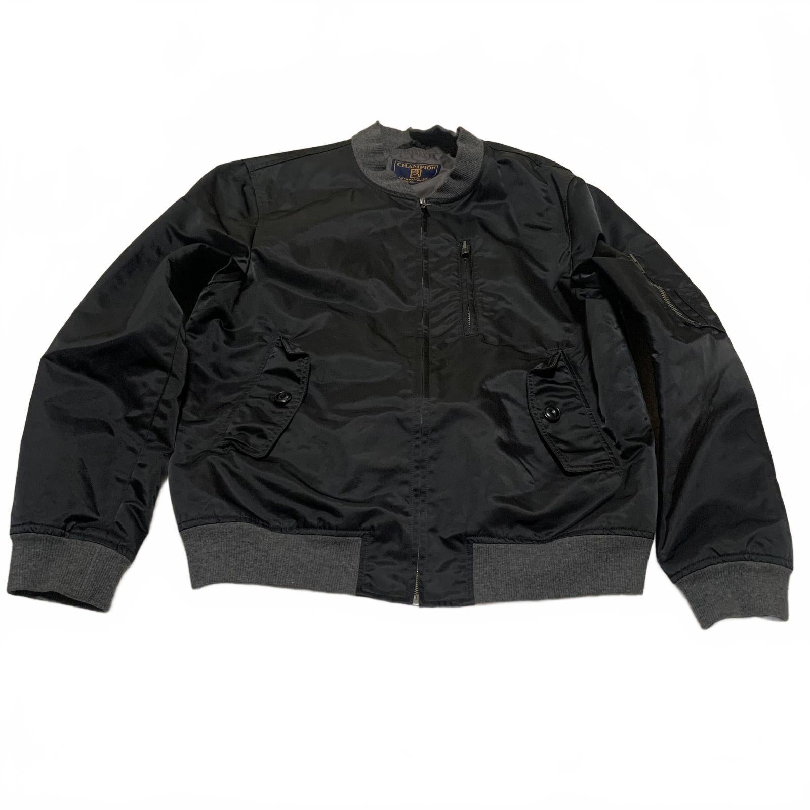 Chaqueta bomber negra vintage de los años 90 de Champion Co. para hombre, talla M, puños acanalados grises.