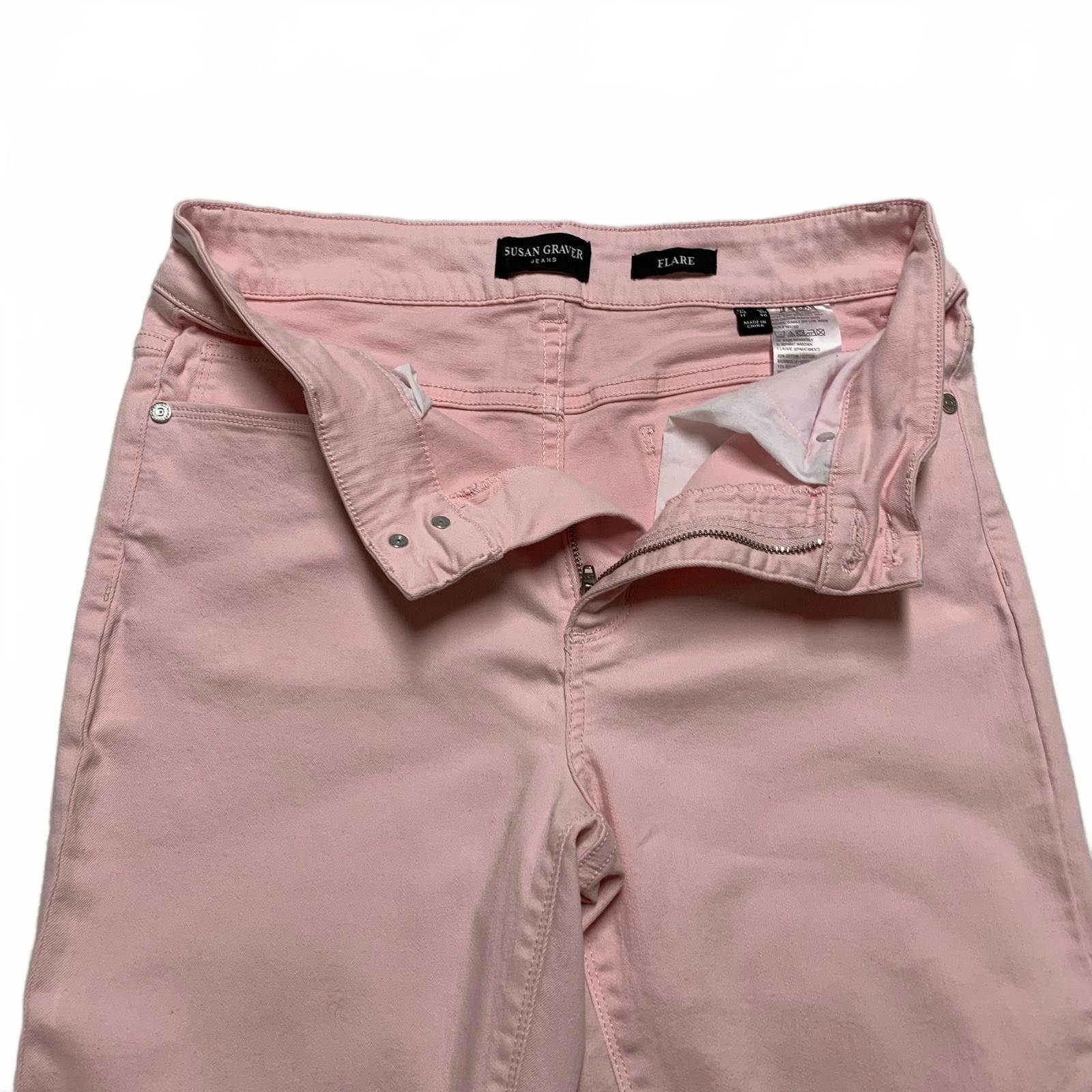 Vaqueros acampanados suaves de mezclilla rosa de Susan Graver para mujer, talla 10, 29,5 x 23 L (talla real)