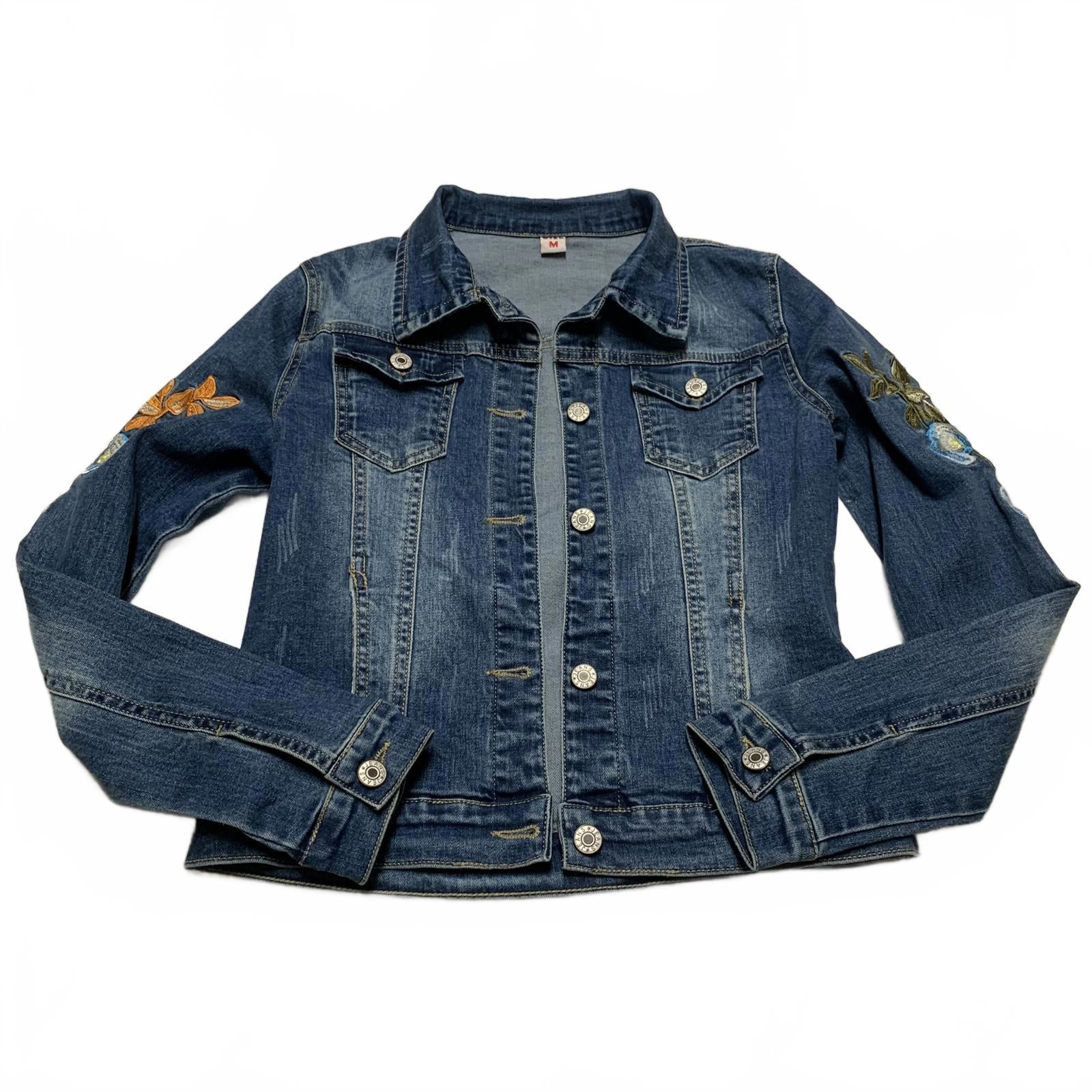 Chaqueta vaquera elegante con bordado floral para mujer, talla mediana, vaquera oscura