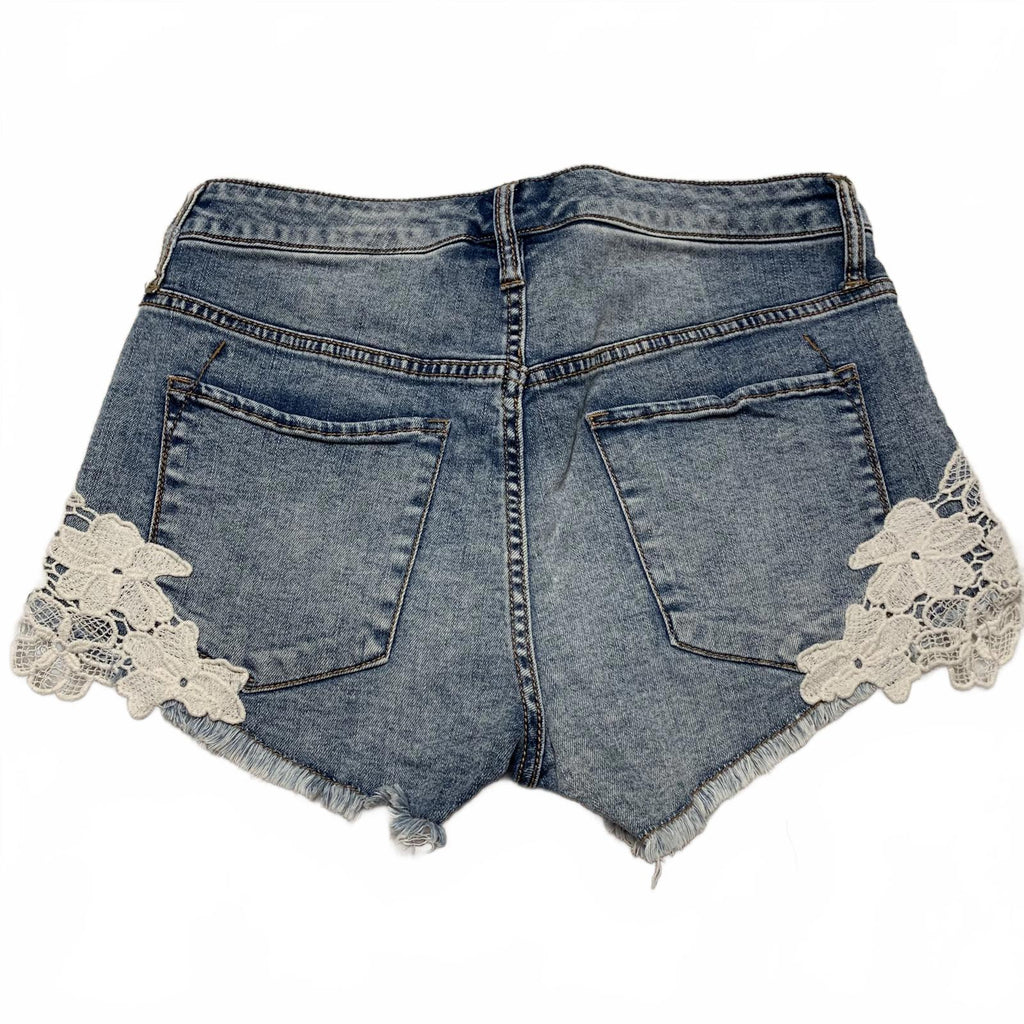 Shorts vaqueros de tiro alto con ribete de encaje Mossino para mujer, talla 8/W29