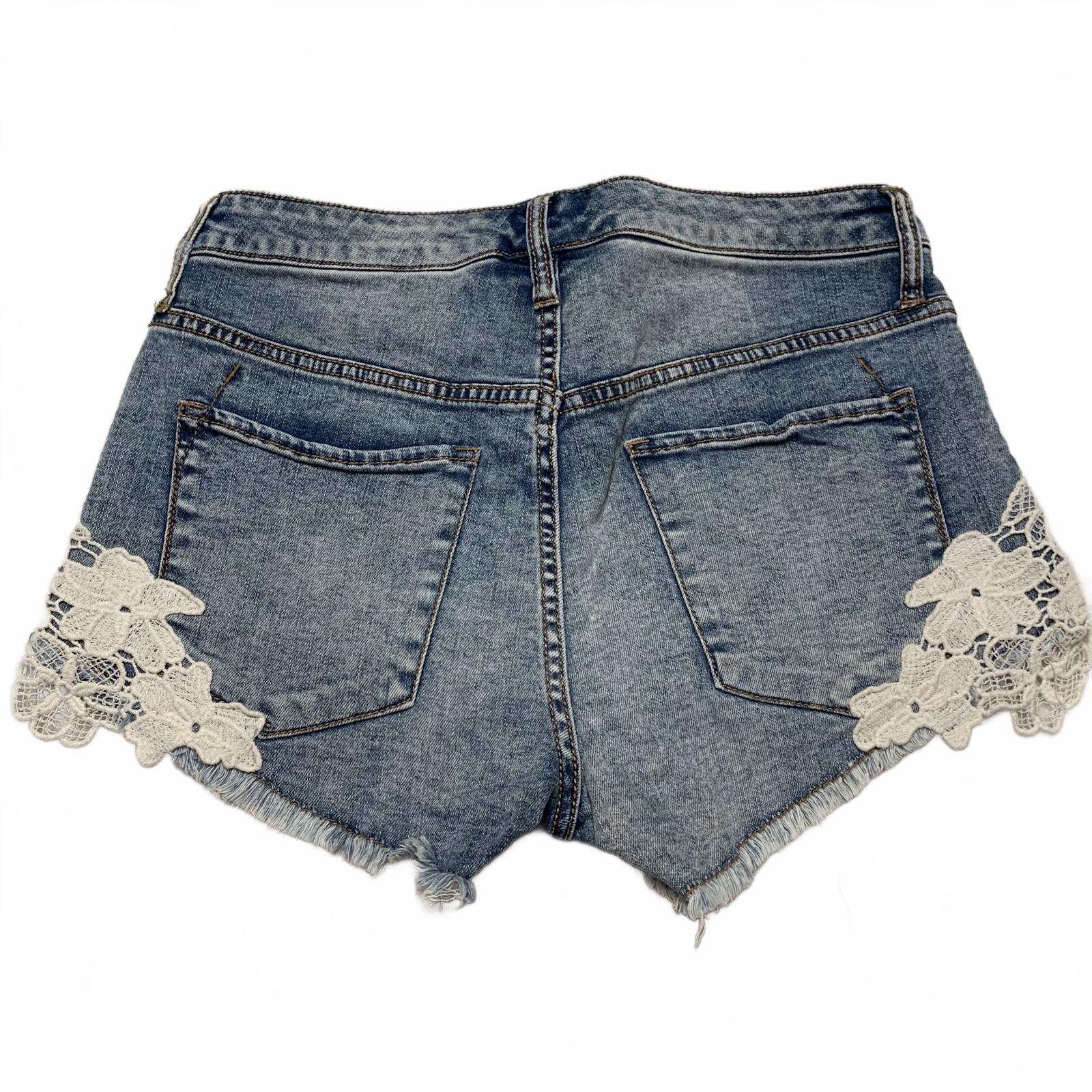Shorts vaqueros de tiro alto con ribete de encaje Mossino para mujer, talla 8/W29