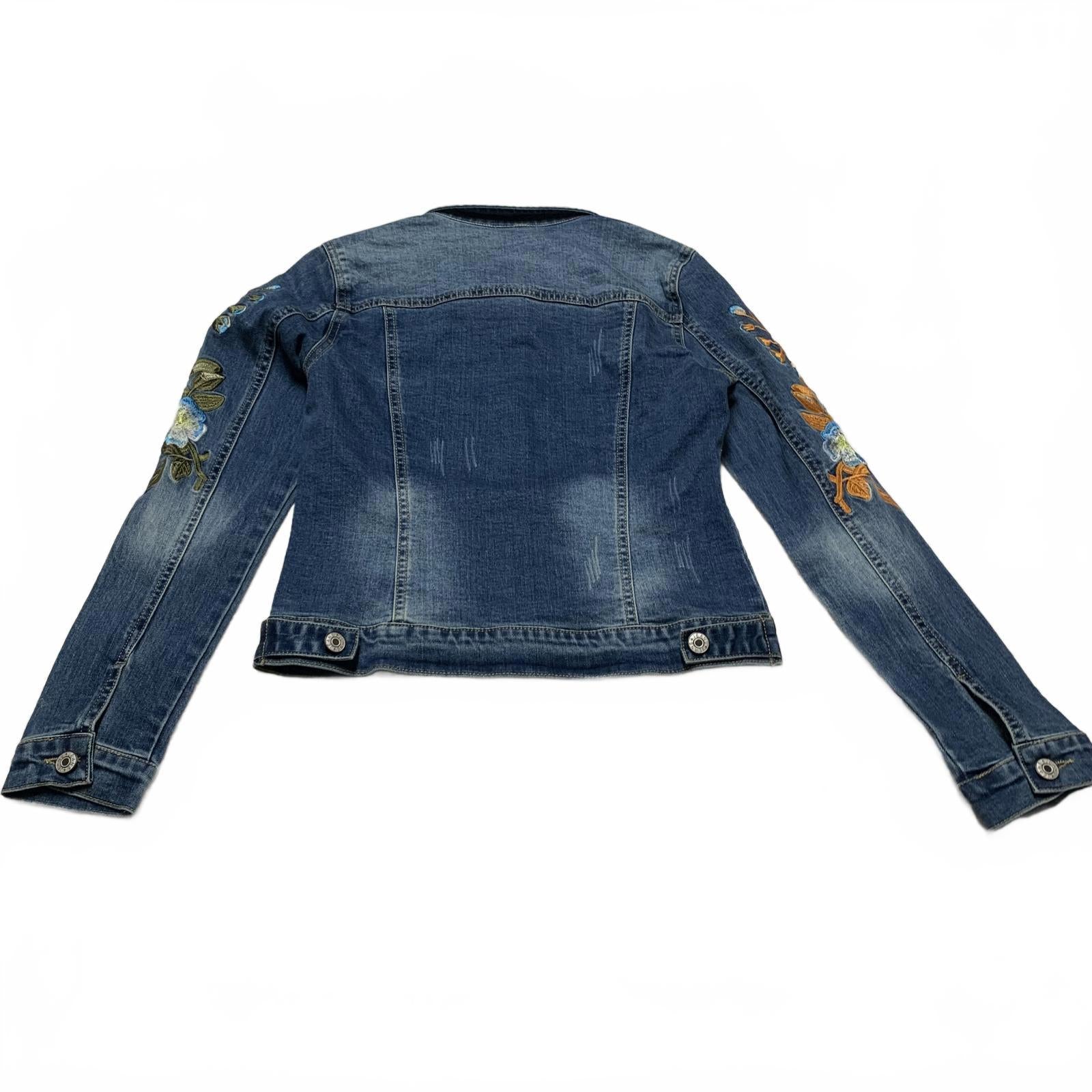 Chaqueta vaquera elegante con bordado floral para mujer, talla mediana, vaquera oscura
