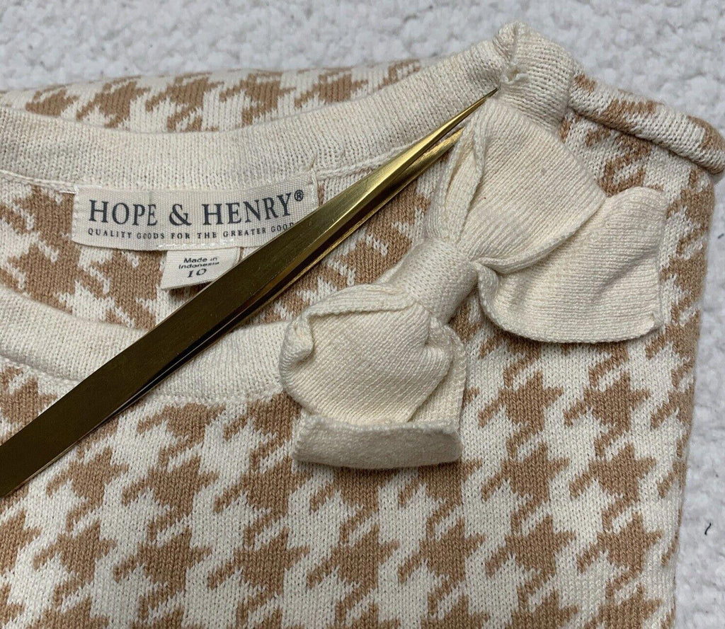 Vestido tubo Hope &amp; Henry para niñas, talla 10, color beige marfil con pata de gallo y lazo hasta la rodilla