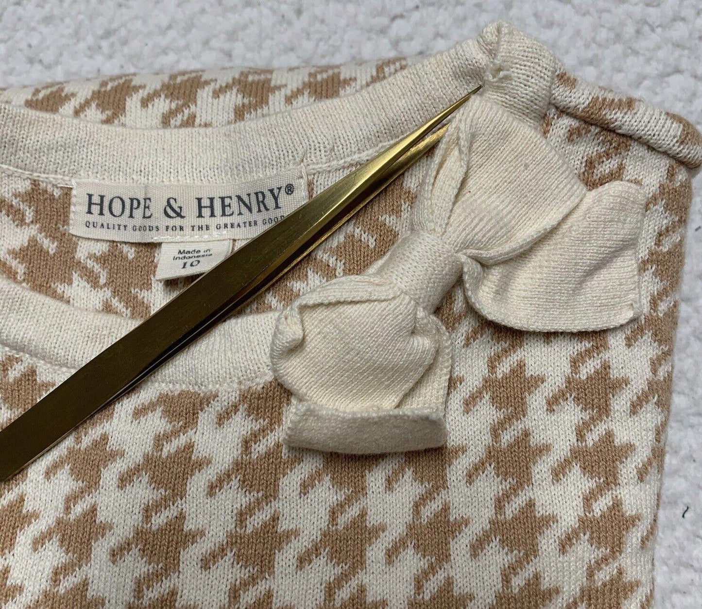 Hope & Henry Girls Size 10 Ivory Beige Houndstooth Sheath Dress Bow Knee Length