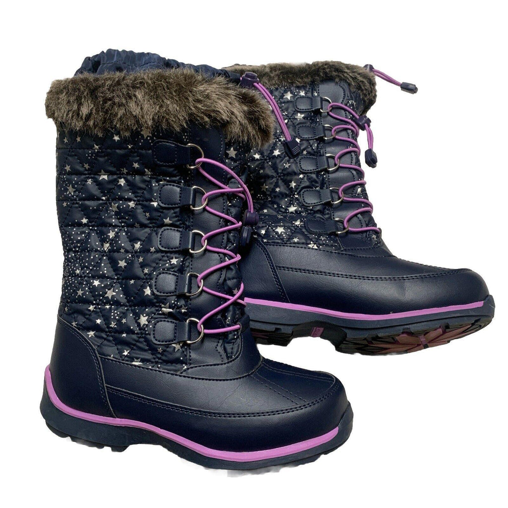 Botas de invierno para lluvia y nieve Lands End para niñas, talla 4M, color azul marino y morado con ribete de encaje y estrellas