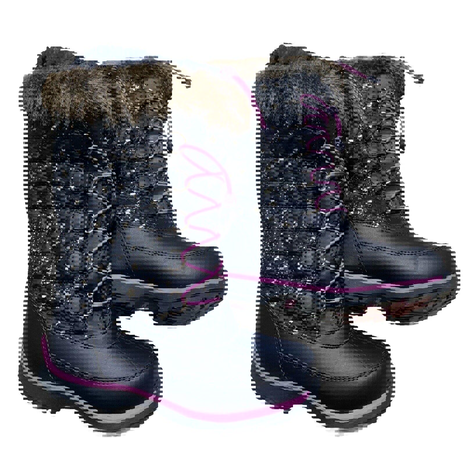 Botas de invierno para lluvia y nieve Lands End para niñas, talla 4M, color azul marino y morado con ribete de encaje y estrellas
