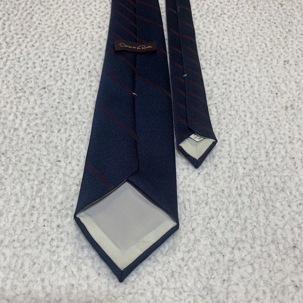 Corbata Oscar de la Renta Azul Marino Diagonal Rayas Rojas Firma