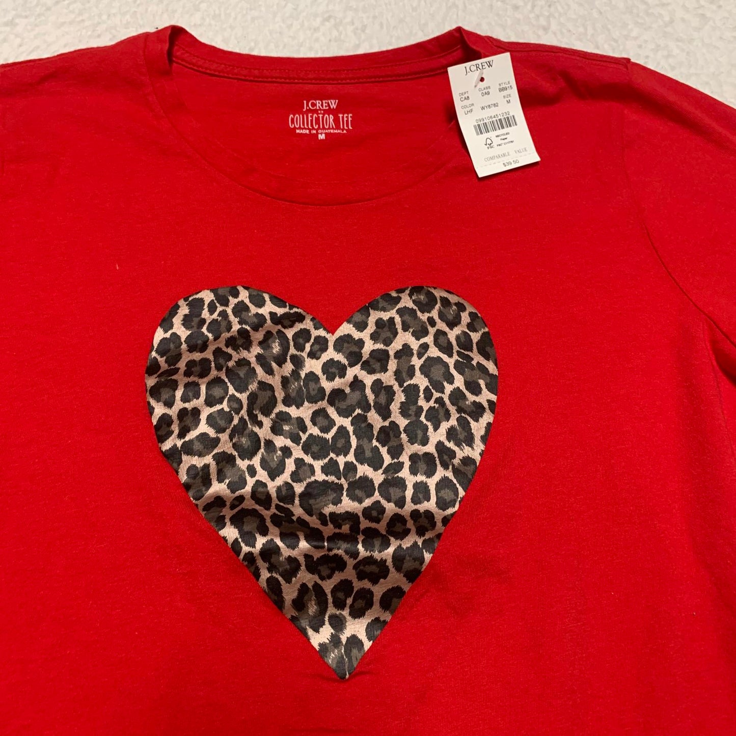 J.Crew Women's Size Medium Red Leopard Heart T-Shirt Collector Tee