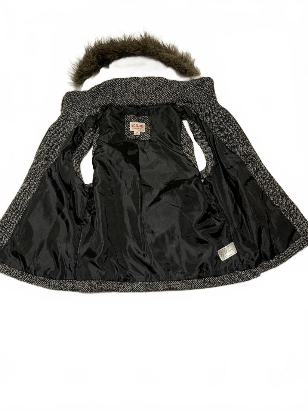 Chaleco de piel sintética Y2K Supply Co. para mujer, talla L, negro moteado, con capucha y cremallera