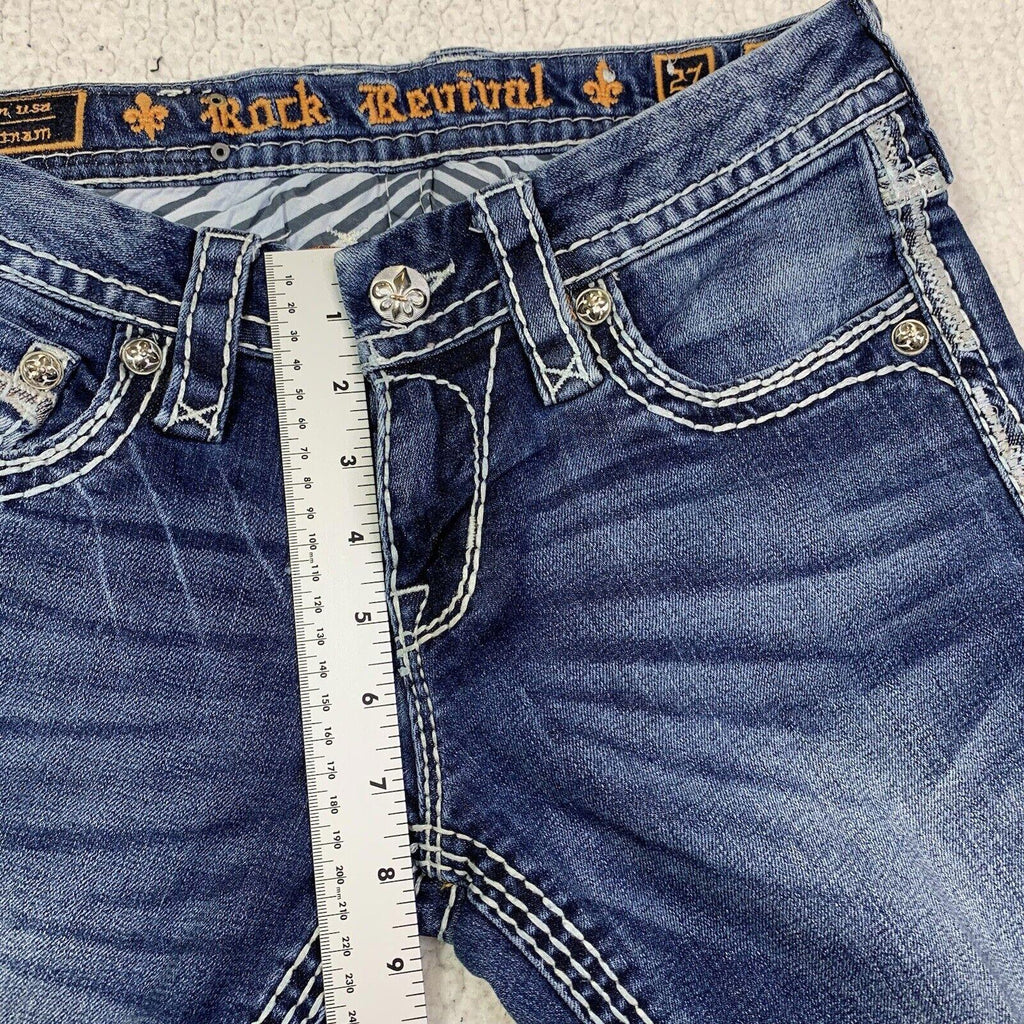 Vaqueros Rock Revival para mujer, talla 27, con bolsillo vaquero y puntadas llamativas