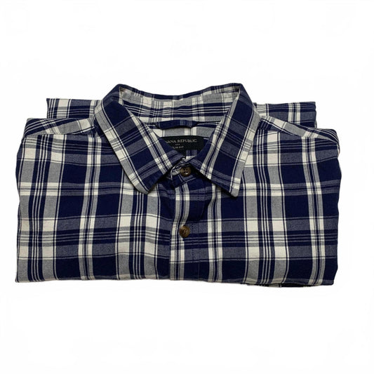 Banana Republic Men’s Size Large Navy Plaid Button-Up Shirt Slim Fit