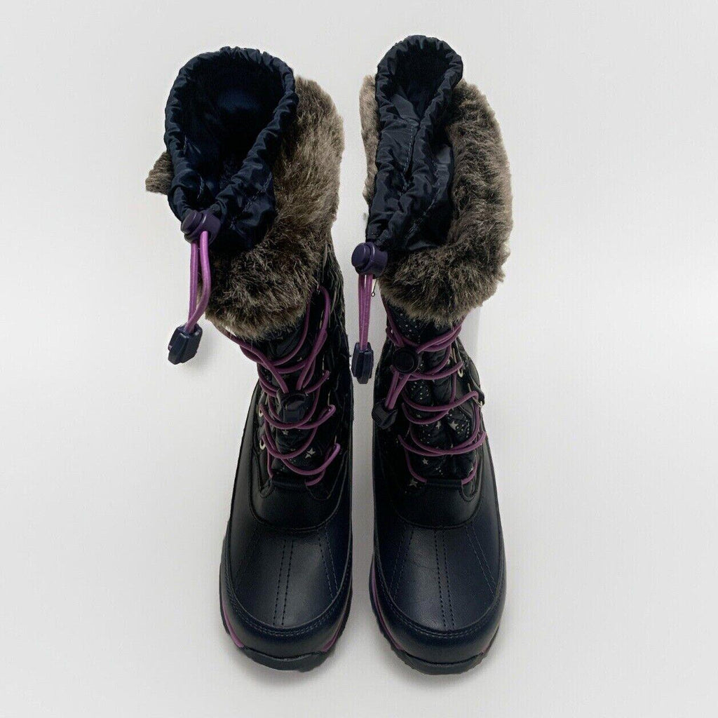 Botas de invierno para lluvia y nieve Lands End para niñas, talla 4M, color azul marino y morado con ribete de encaje y estrellas