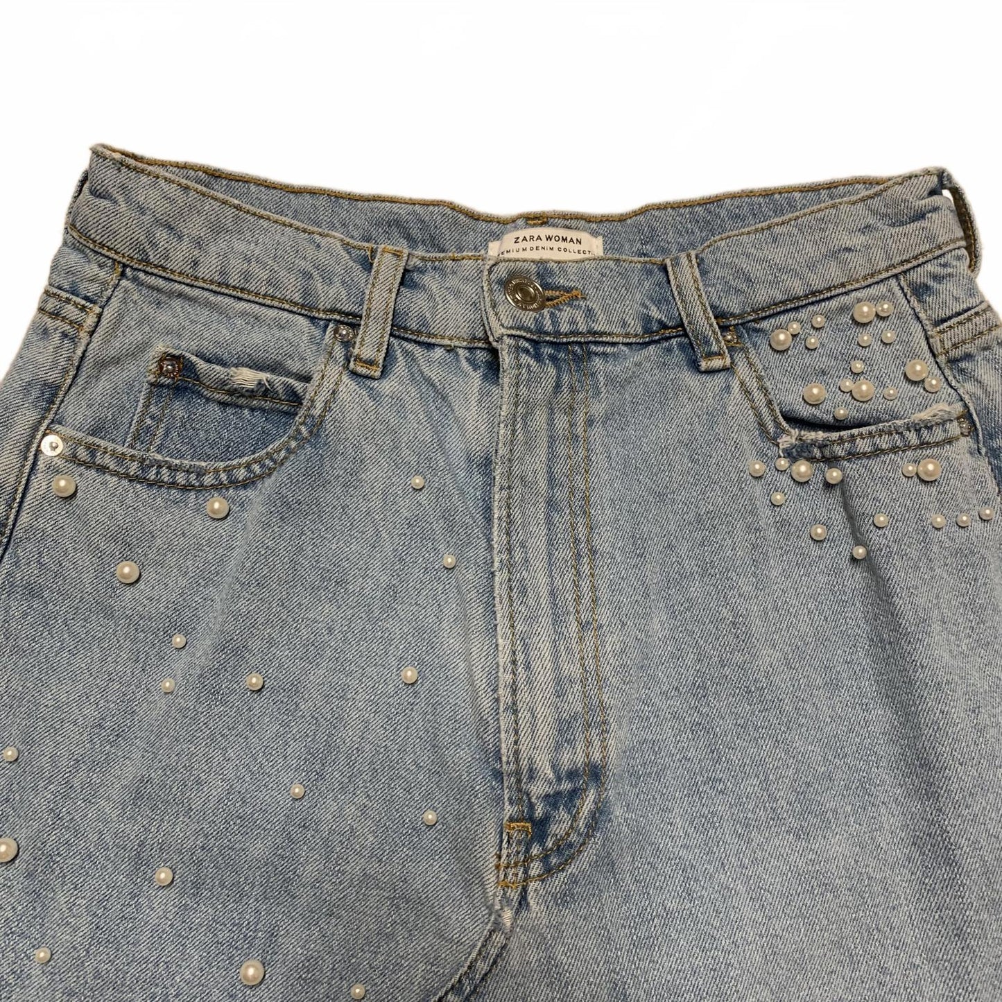 Zara Women's Size M Blue Distressed light wash Denim Skirt Pearl Bead Details