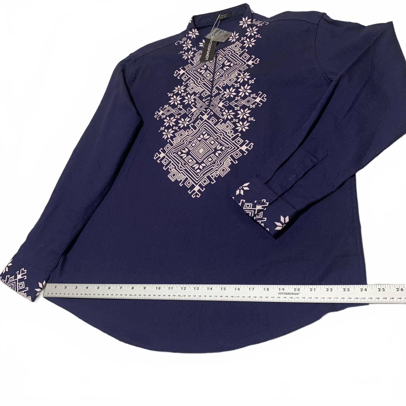 Camisa de algodón con cuello túnica bordada de manga larga azul talla XL para hombre de Coofandy