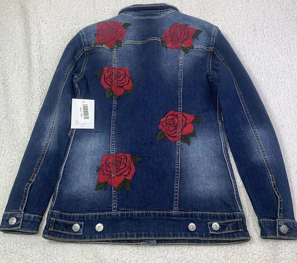 Chaqueta vaquera Lularoe Jaxon con rosa roja talla XXS y bordado pequeño