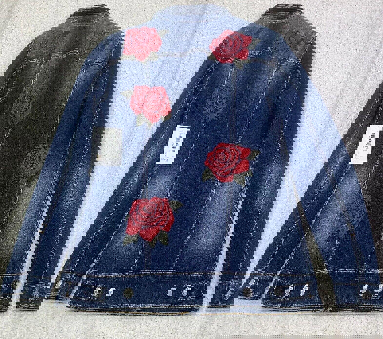 Chaqueta vaquera Lularoe Jaxon con rosa roja talla XXS y bordado pequeño