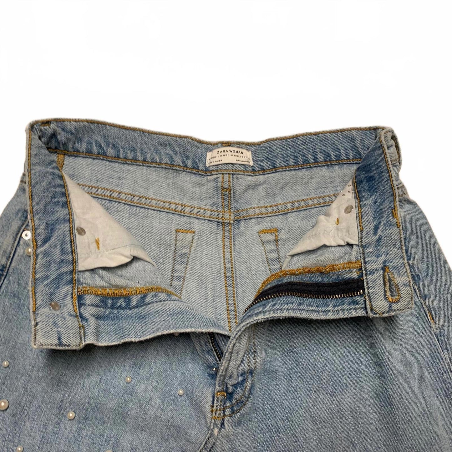 Zara Women's Size M Blue Distressed light wash Denim Skirt Pearl Bead Details