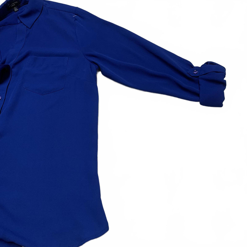 Blusa de manga larga abotonada azul rey mediano para mujer, talla limitada