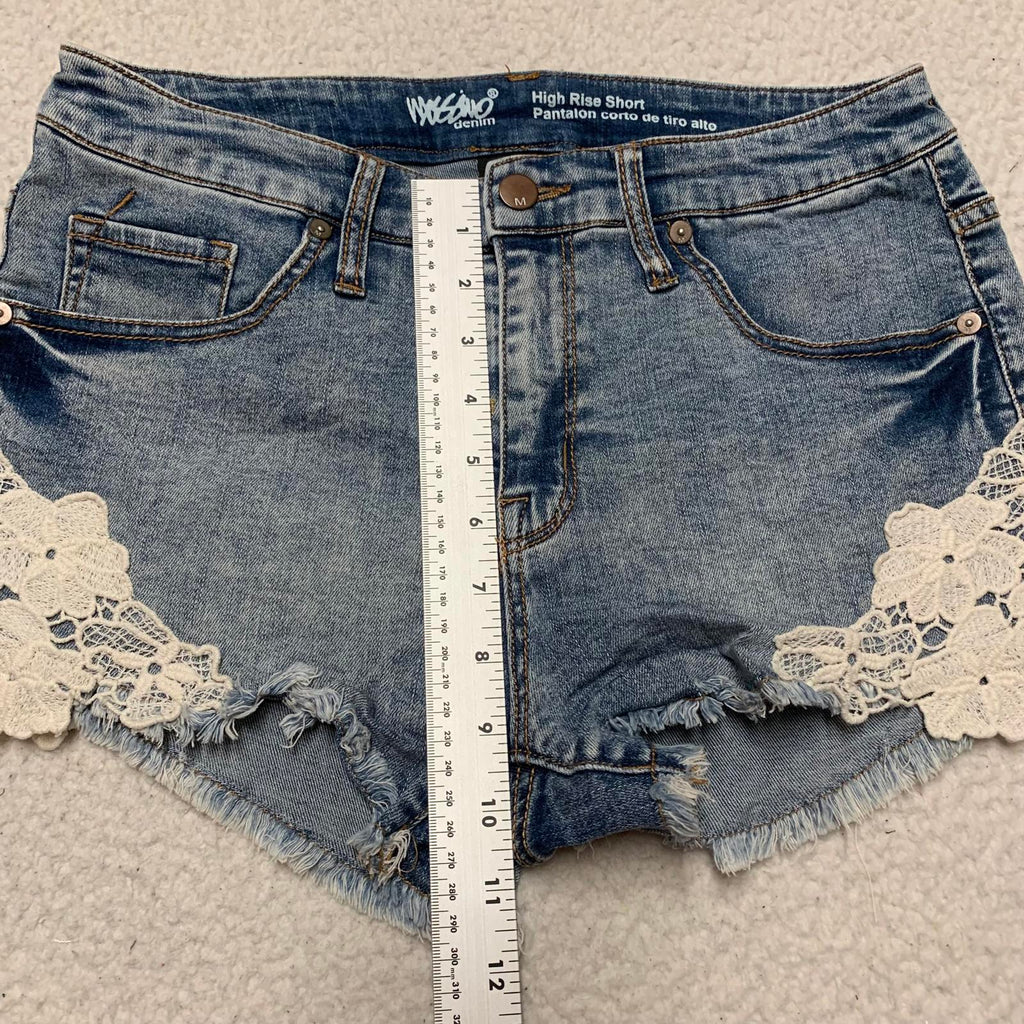 Shorts vaqueros de tiro alto con ribete de encaje Mossino para mujer, talla 8/W29