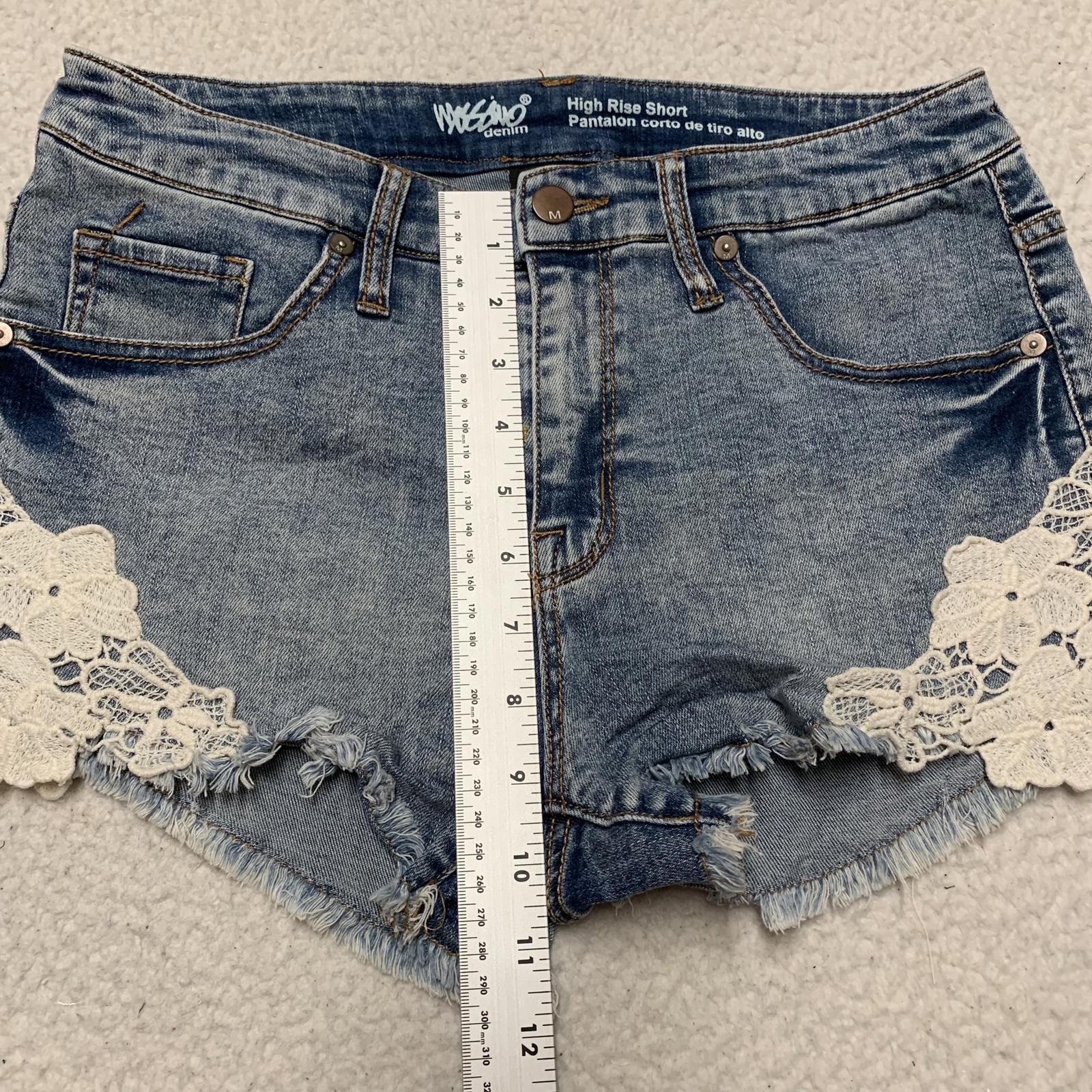 Shorts vaqueros de tiro alto con ribete de encaje Mossino para mujer, talla 8/W29