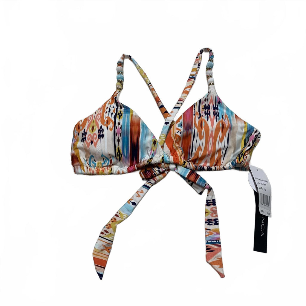 Top de bikini triangular con tirantes de cuentas y estampado colorido LA Blanca para mujer, talla 10
