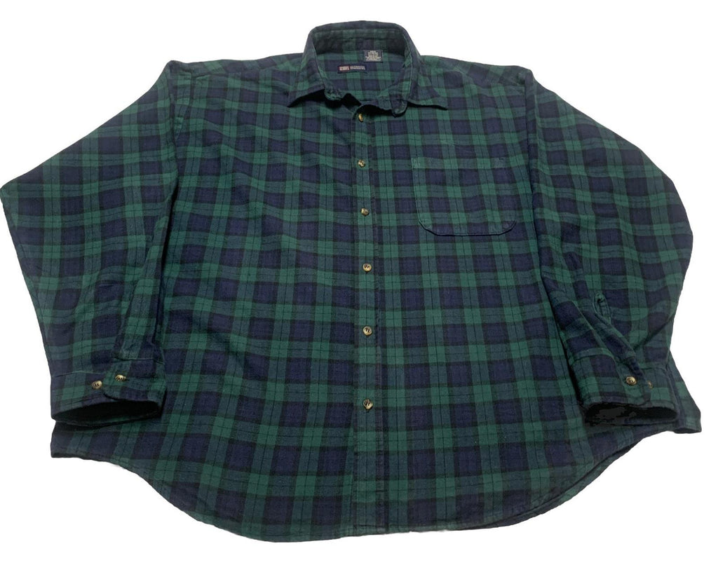 Faded Glory Men’s 2XL 50/52 Blue Green Plaid Long Sleeve Skipper Shirt