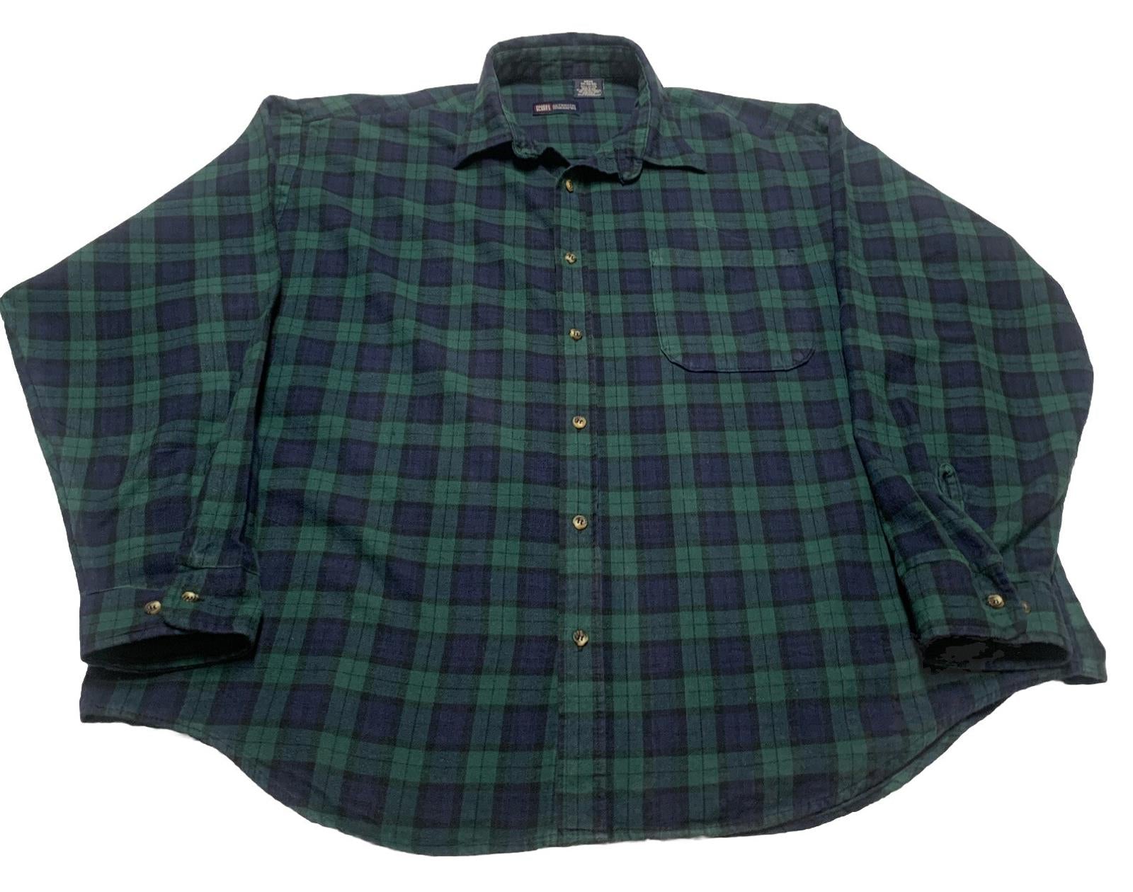Faded Glory Men’s 2XL 50/52 Blue Green Plaid Long Sleeve Skipper Shirt