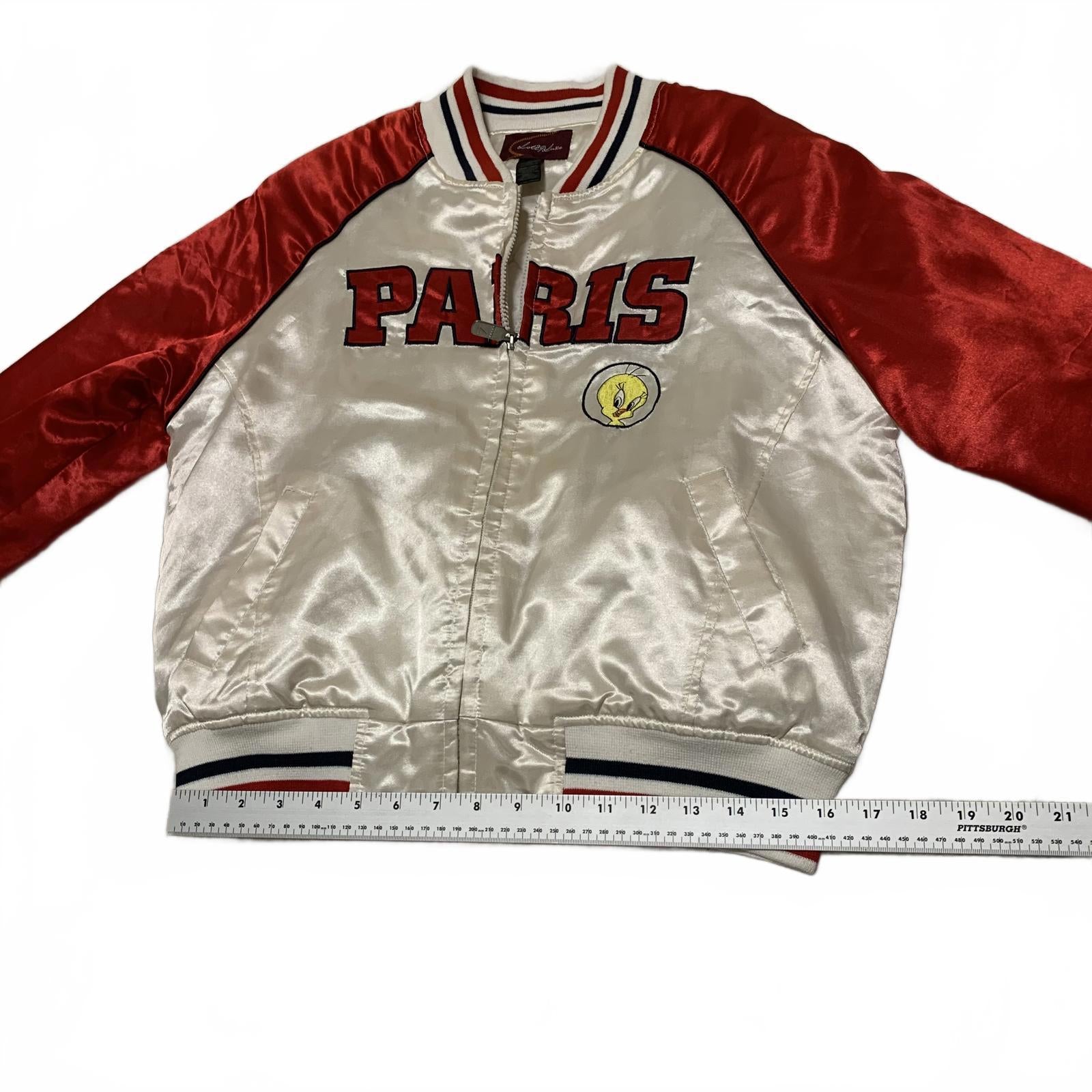 Chaqueta bomber Tweety Paris para mujer, talla L, color rojo y blanco, de satén Y2K, de Looney Tunes, lote 29