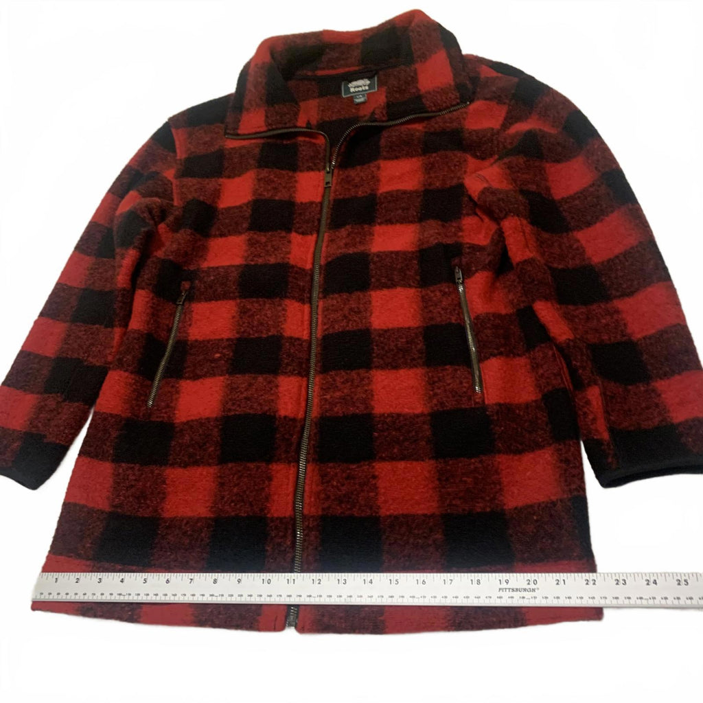 Chaqueta de forro polar con cremallera a cuadros rojos y negros Roots para hombre, talla L, estilo cálido y clásico